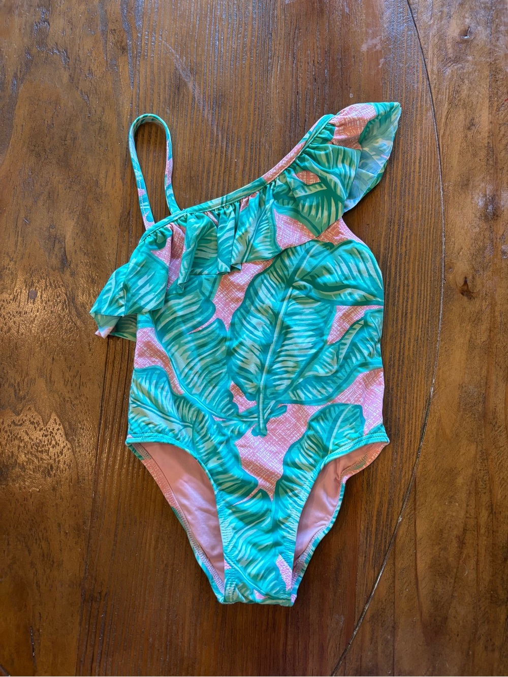 Vineyard Vines Pink & Green One-Shoulder Tropical Leaf Girls Swimsuit